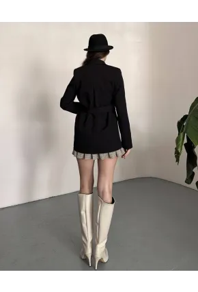 Kadın Kemerli Toka Detay Premium Blazer Ceket Siyah
