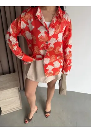 Kadın Kırmızı Çiçek Desenli Saten Gömlek