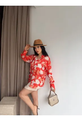 Kadın Kırmızı Çiçek Desenli Saten Gömlek