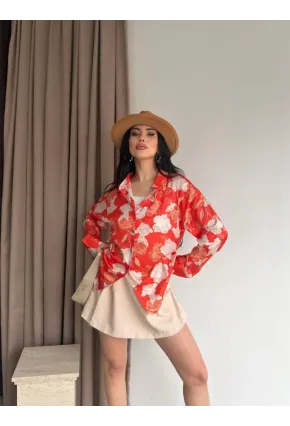 Kadın Kırmızı Çiçek Desenli Saten Gömlek