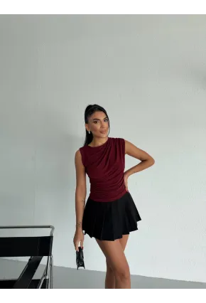 Kadın Kolsuz Dökümlü Sandy Kumaş Bluz Bordo