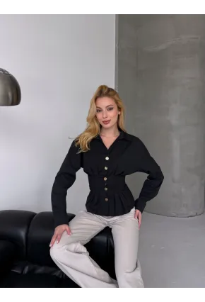 Kadın Korse Detaylı Gold Düğmeli Siyah Gömlek
