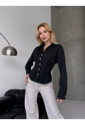 Kadın Korse Detaylı Gold Düğmeli Siyah Gömlek
