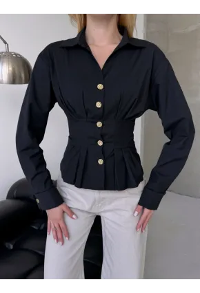 Kadın Korse Detaylı Gold Düğmeli Siyah Gömlek