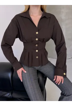 Kadın Korse Detaylı Gold Düğmeli Kahve Gömlek
