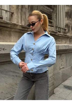 Kadın Korse Detaylı Gold Düğmeli Mavi Gömlek