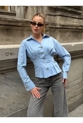 Kadın Korse Detaylı Gold Düğmeli Mavi Gömlek