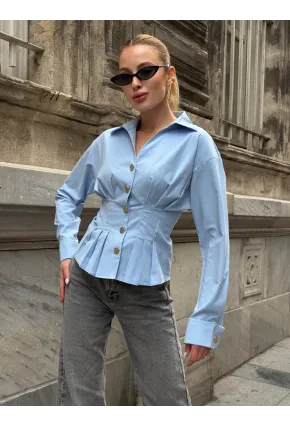 Kadın Korse Detaylı Gold Düğmeli Mavi Gömlek