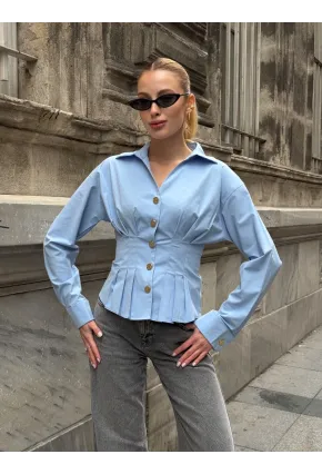 Kadın Korse Detaylı Gold Düğmeli Mavi Gömlek