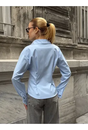 Kadın Korse Detaylı Gold Düğmeli Mavi Gömlek
