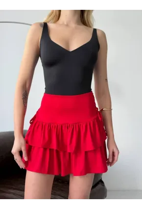 Kadın Kuş Gözü Detaylı Mini Etek Kırmızı