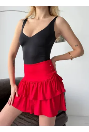 Kadın Kuş Gözü Detaylı Mini Etek Kırmızı