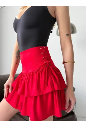 Kadın Kuş Gözü Detaylı Mini Etek Kırmızı