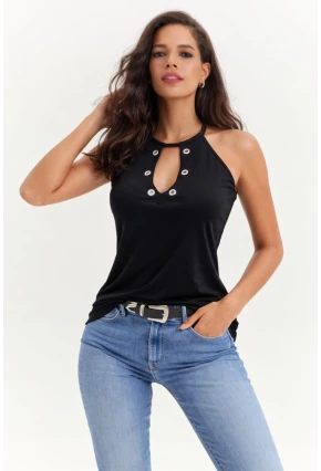 Kadın Kuşgözü Yaka Detay Kolsuz Bluz