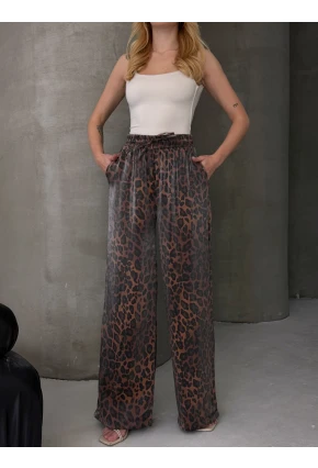 Kadın Leopar Desenli Beli Lastikli Bol Paça Pantalon