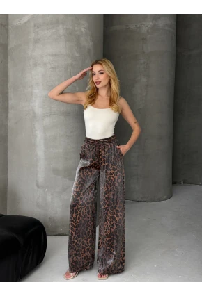 Kadın Leopar Desenli Beli Lastikli Bol Paça Pantalon