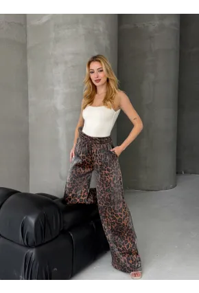 Kadın Leopar Desenli Beli Lastikli Bol Paça Pantalon