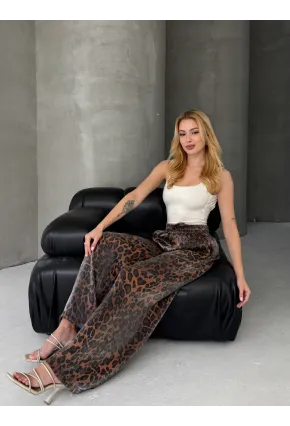 Kadın Leopar Desenli Beli Lastikli Bol Paça Pantalon