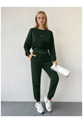 Kadın Logo Baskılı Crop Sweatshirt Jogger Eşofman Takımı