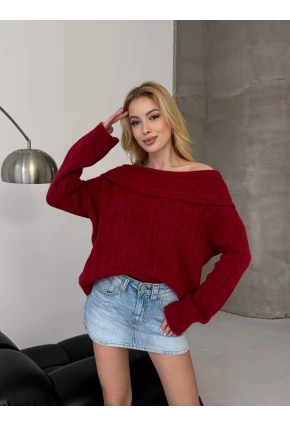 Kadın Madonna Yaka Triko Bordo