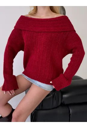 Kadın Madonna Yaka Triko Bordo