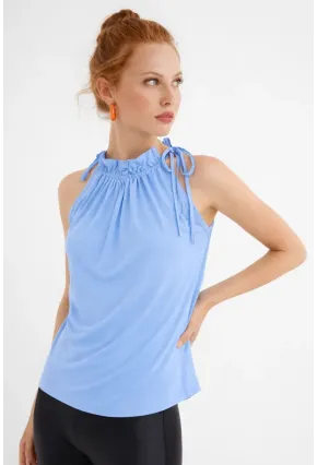 Kadın Mavi Yakası Fırfırlı Kolsuz Bluz BTH01