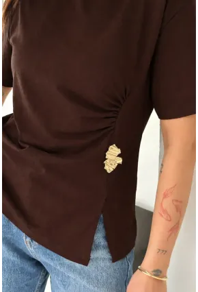 Kadın Metal Detaylı Drapeli Bluz Kahve