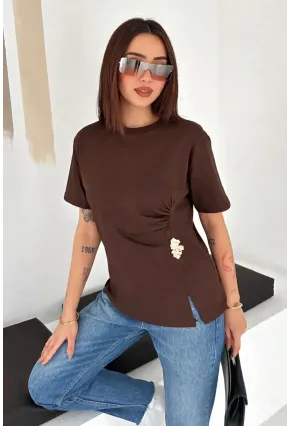 Kadın Metal Detaylı Drapeli Bluz Kahve