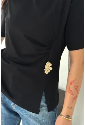 Kadın Metal Detaylı Drapeli Bluz Siyah