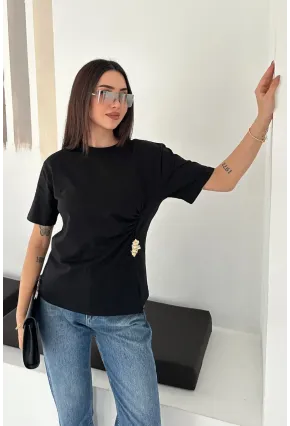 Kadın Metal Detaylı Drapeli Bluz Siyah