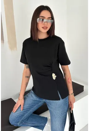 Kadın Metal Detaylı Drapeli Bluz Siyah