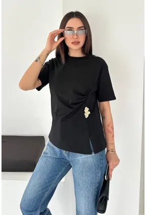 Kadın Metal Detaylı Drapeli Bluz Siyah