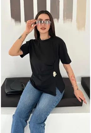 Kadın Metal Detaylı Drapeli Bluz Siyah