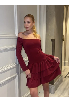 Kadın Omuz Detay Mini Elbise Bordo