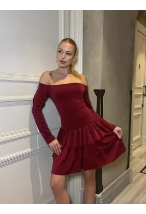 Kadın Omuz Detay Mini Elbise Bordo