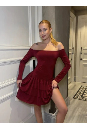 Kadın Omuz Detay Mini Elbise Bordo