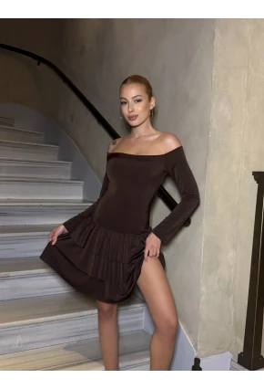 Kadın Omuz Detay Mini Elbise Kahve