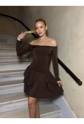 Kadın Omuz Detay Mini Elbise Kahve
