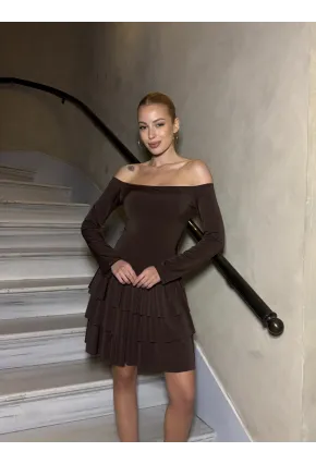 Kadın Omuz Detay Mini Elbise Kahve