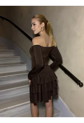 Kadın Omuz Detay Mini Elbise Kahve