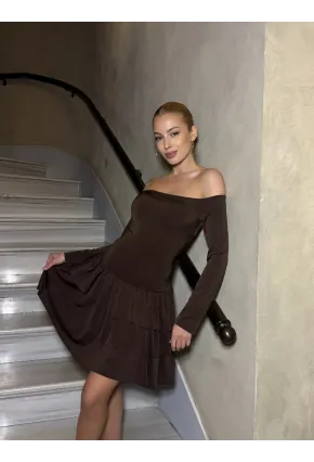 Kadın Omuz Detay Mini Elbise Kahve