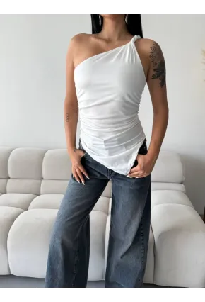 Kadın Omuz Detay Tasarım Bluz Beyaz