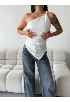 Kadın Omuz Detay Tasarım Bluz Beyaz