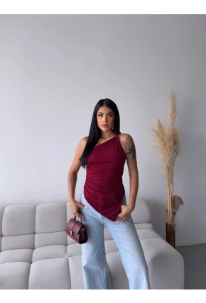 Kadın Omuz Detay Tasarım Bluz Bordo