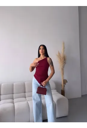 Kadın Omuz Detay Tasarım Bluz Bordo