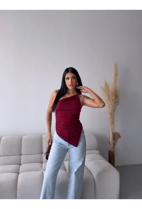 Kadın Omuz Detay Tasarım Bluz Bordo