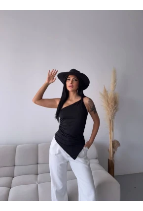 Kadın Omuz Detay Tasarım Bluz Siyah