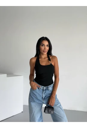 Kadın Omuz Toka Detay Bluz Siyah