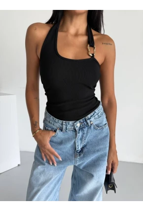 Kadın Omuz Toka Detay Bluz Siyah