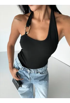 Kadın Omuz Toka Detay Bluz Siyah